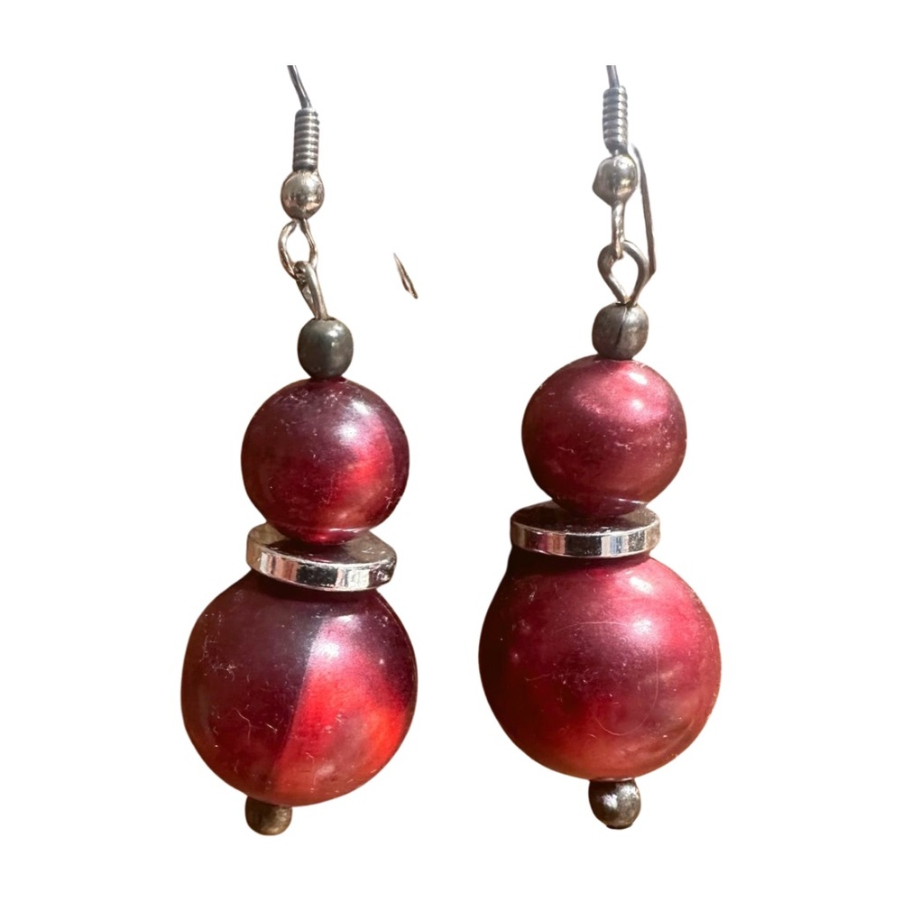 Bold Burgundy Beaded Drop Earrings - Retro Vintage Statement Jewelry